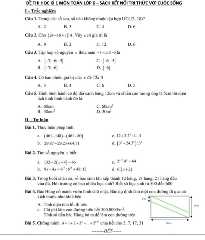 Đề Thi Học Kì 1 Toán 6 Sách Kết Nối Tri Thức